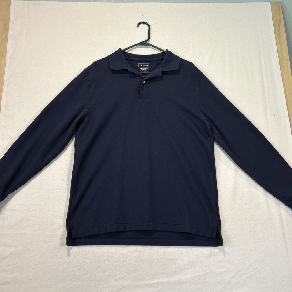 LL Bean Mens Medium Long Sleeve Pullover Polo Shirt Traditional Fit Navy Blue